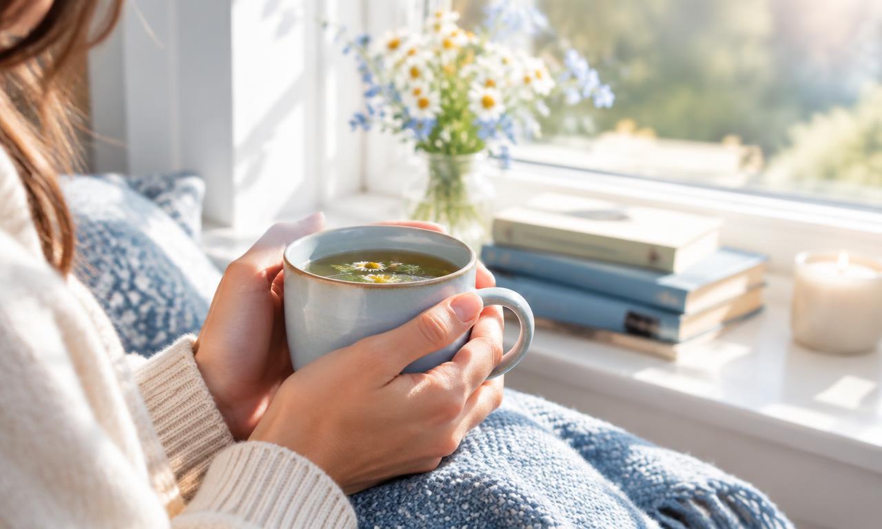 Hands holding a cup of herbal tea by a sunny window