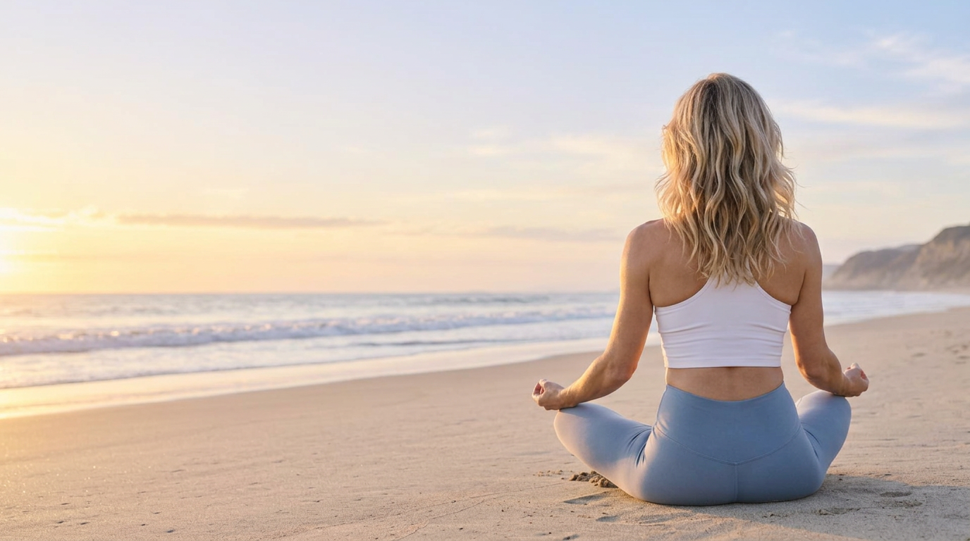 Blonde woman seated cross-legged on the beach at sunrise, facing the ocean